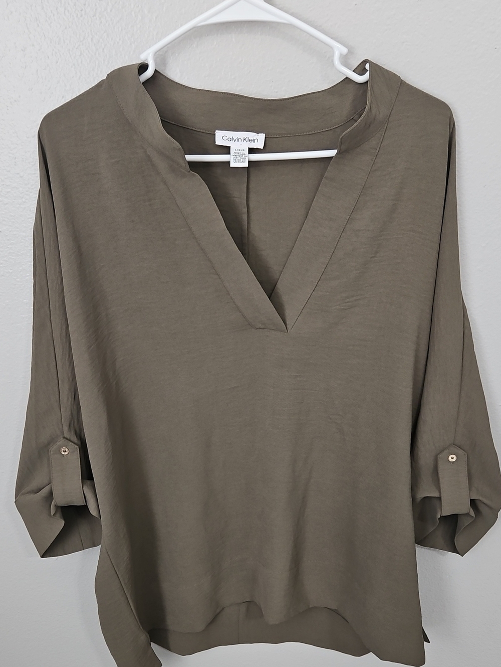 Calvin Klein Olive V-Neck Roll-Sleeve Women’s Top